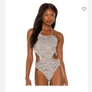 NWT NBD | Black Gray Halter Neck Thong Stretchy Knit Bodysuit‎ S